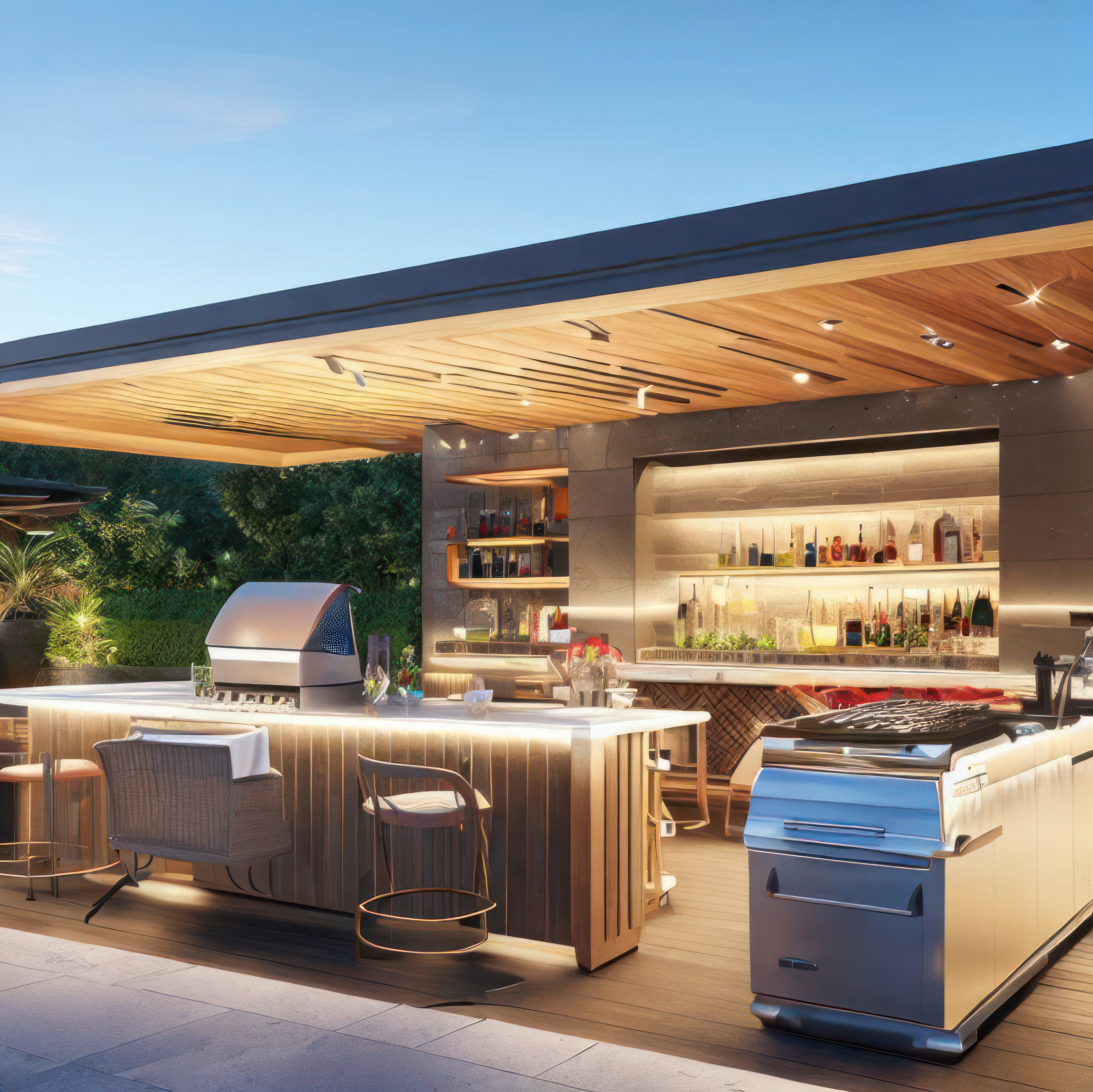 Full outdoor kitchen with awning, underlit island, pantry shelves and appliances