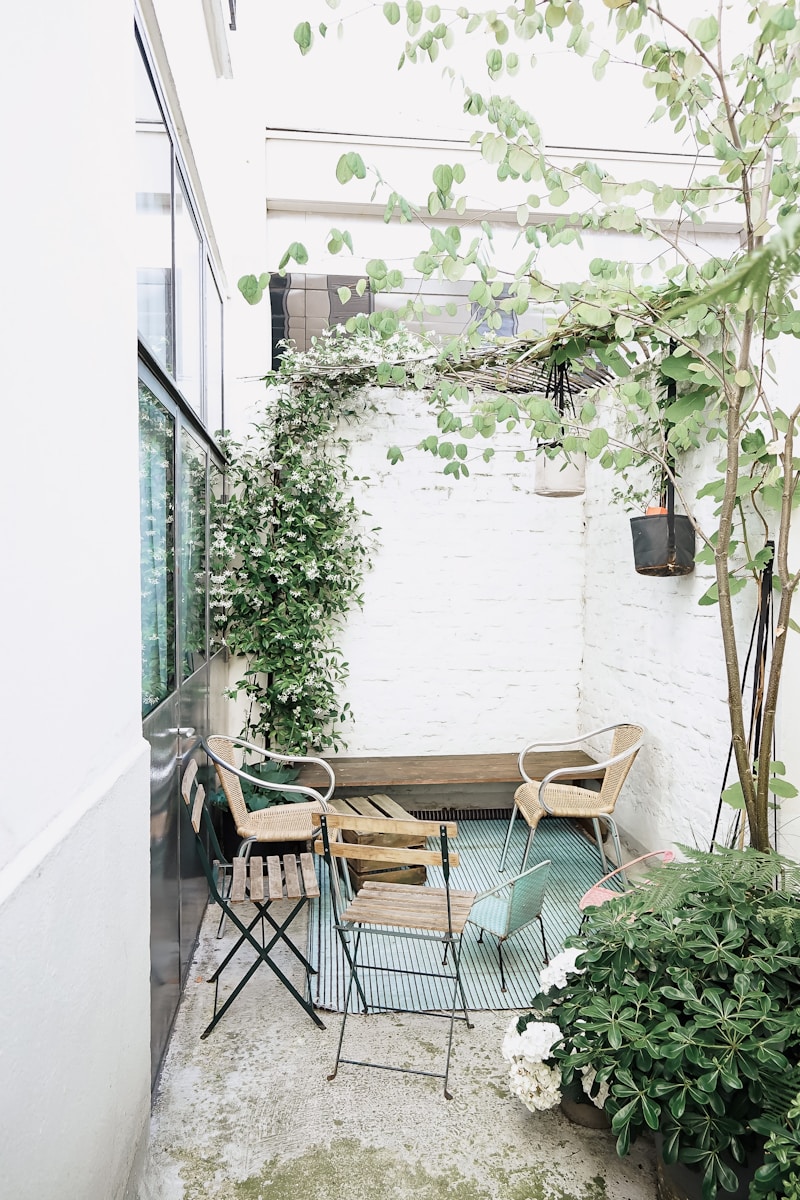 Small courtyard with table, chairs, and greenery surroundings